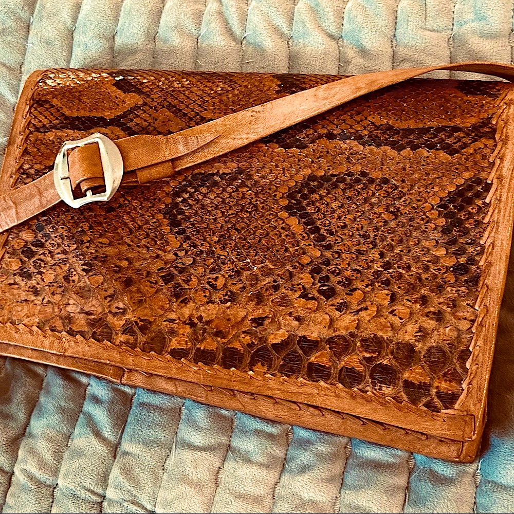 Vintage 1970s French Snakeskin Leather Clutch  Rare